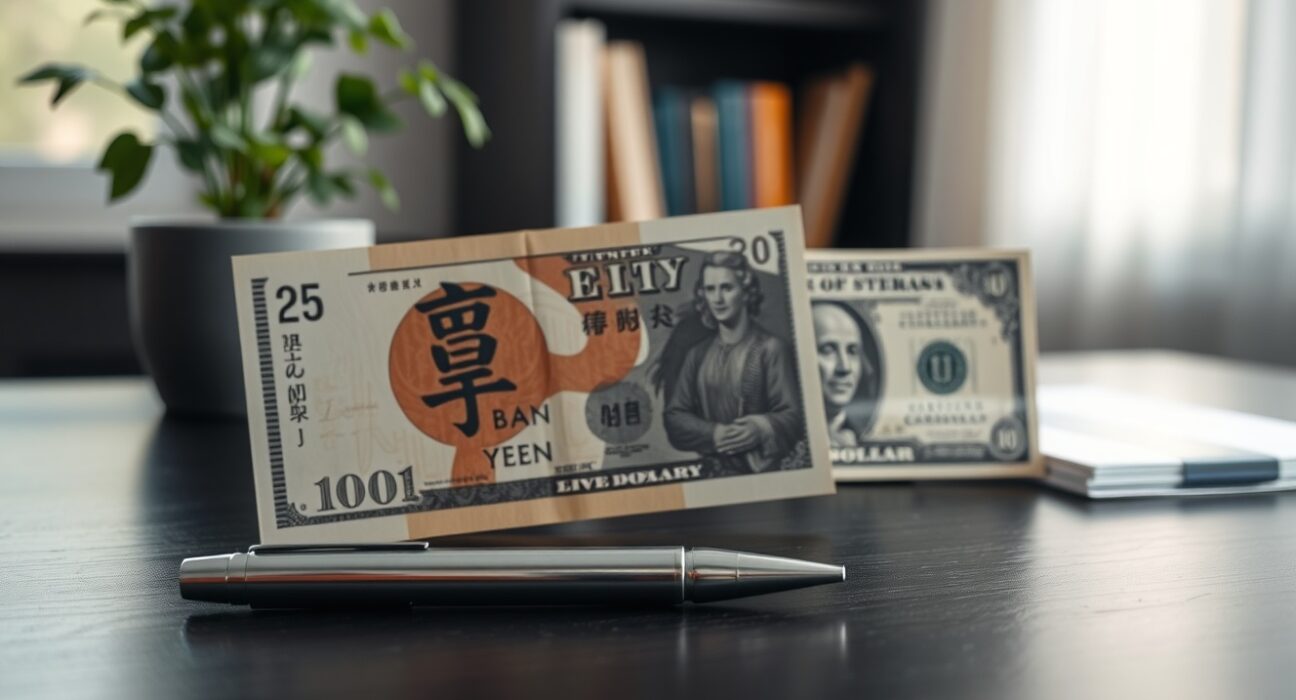 USD/JPY forex chart with yen and dollar notes, reflecting Bank of Japan rate hike expectations and Commerzbank market analysis.