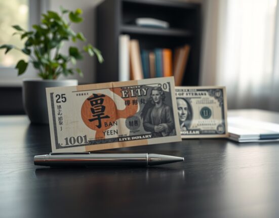 USD/JPY forex chart with yen and dollar notes, reflecting Bank of Japan rate hike expectations and Commerzbank market analysis.