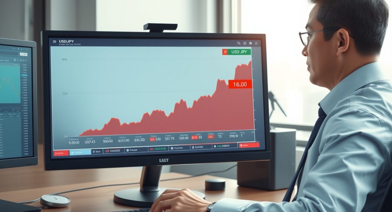Financial analyst monitoring the USD/JPY exchange rate chart nearing the critical 160 level, signaling potential Bank of Japan action.