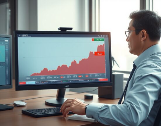 Financial analyst monitoring the USD/JPY exchange rate chart nearing the critical 160 level, signaling potential Bank of Japan action.