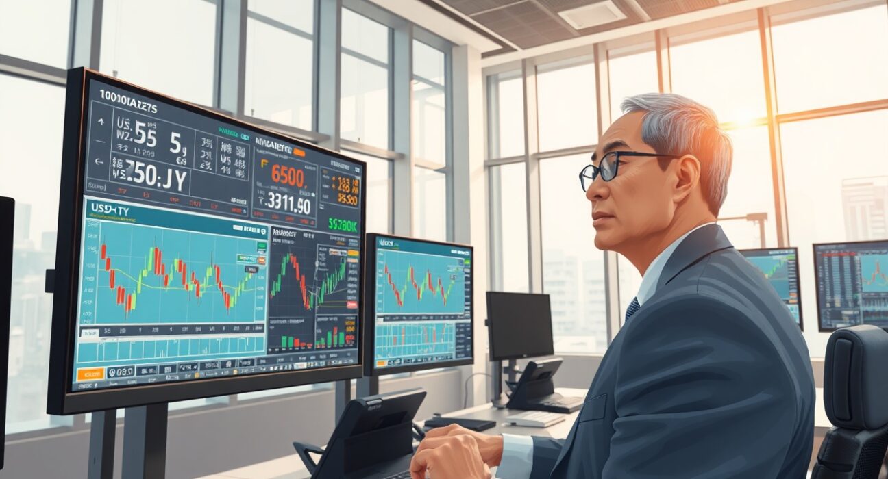 Financial analyst monitoring USD/JPY currency charts ahead of Bank of Japan policy meeting