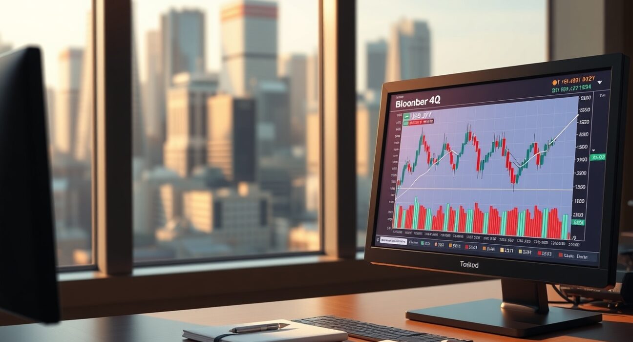 USD/JPY currency pair analysis on trading terminal with Tokyo financial district background