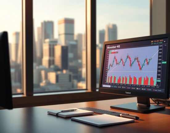 USD/JPY currency pair analysis on trading terminal with Tokyo financial district background