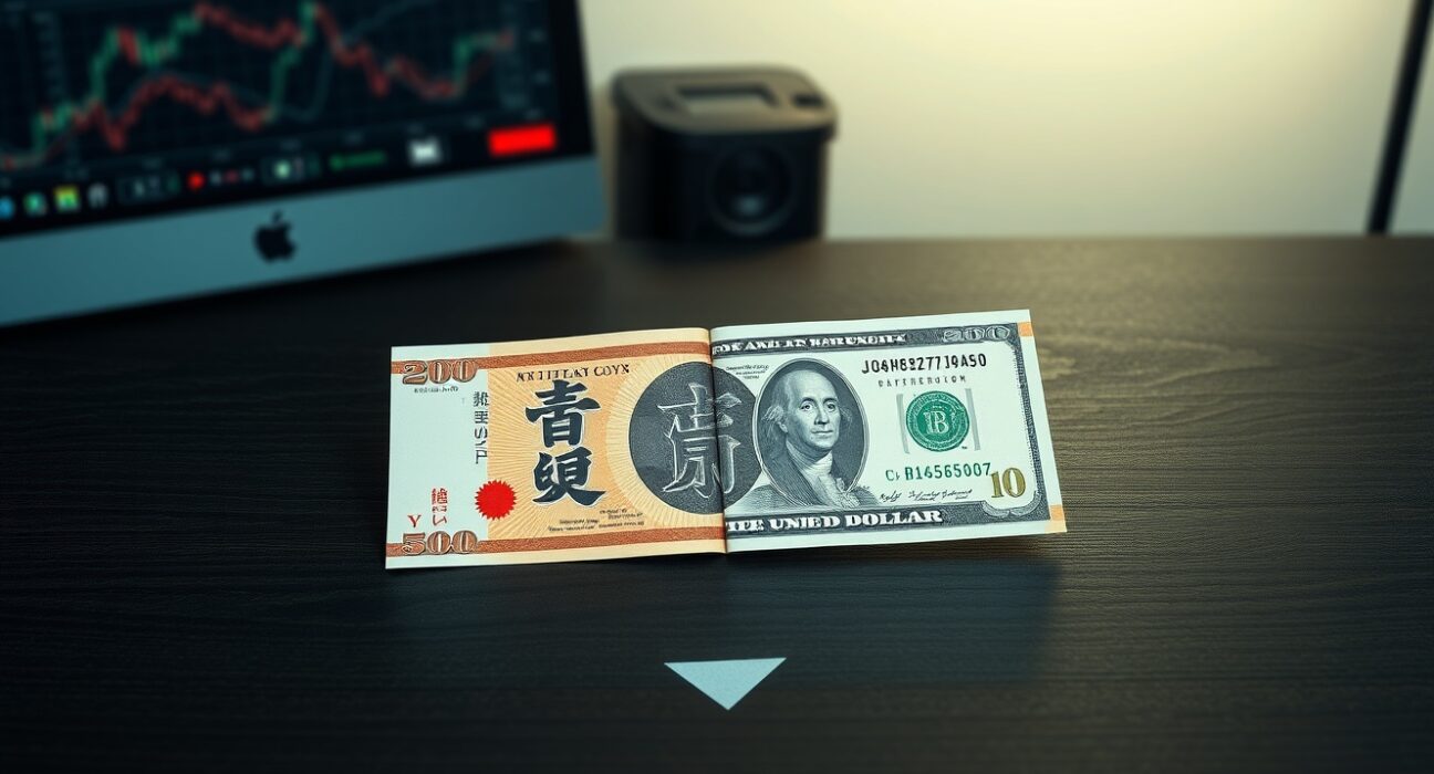 USD/JPY currency pair with Japanese Yen and US Dollar banknotes, representing BoJ stance risks and Yen slide forecast by MUFG.