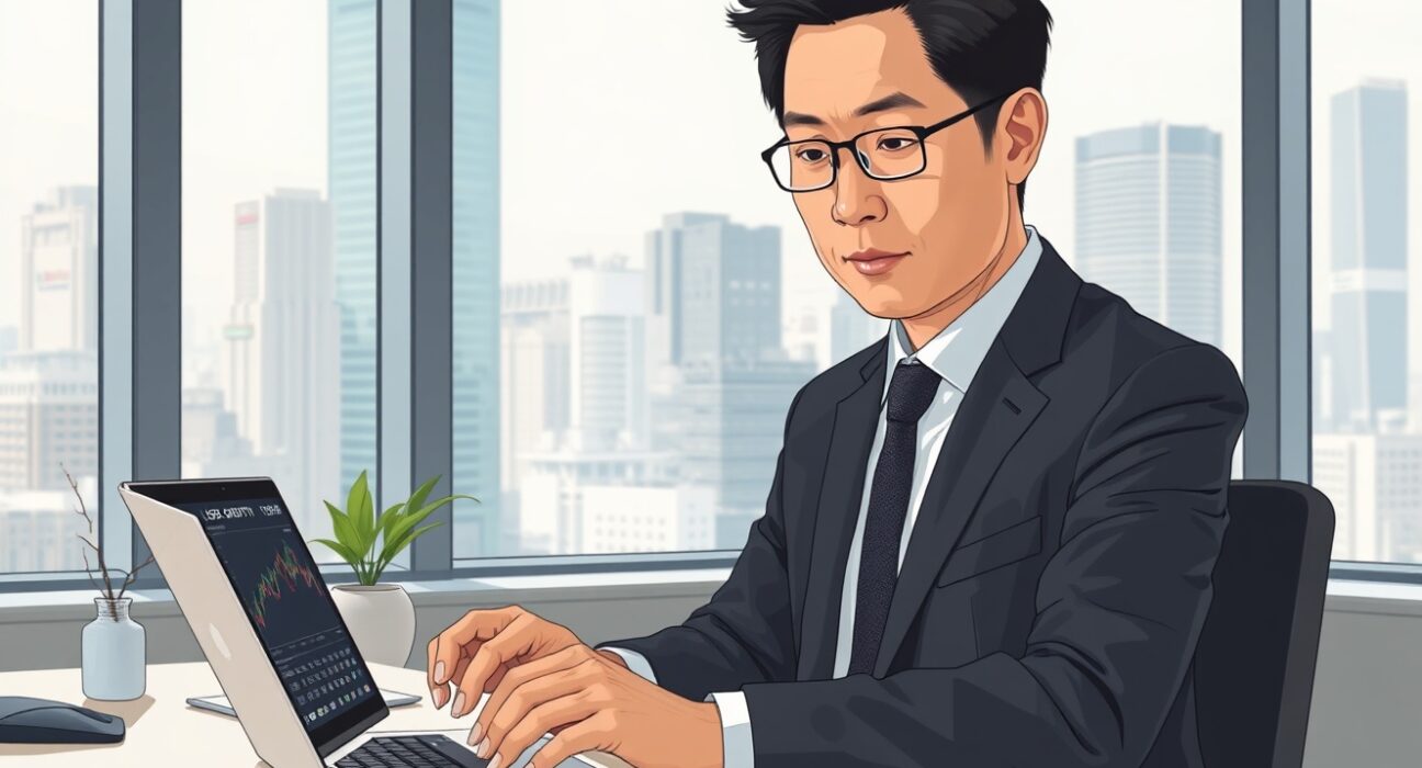 Financial analyst in Tokyo examining Bank of Japan wage data affecting USD/JPY exchange rates