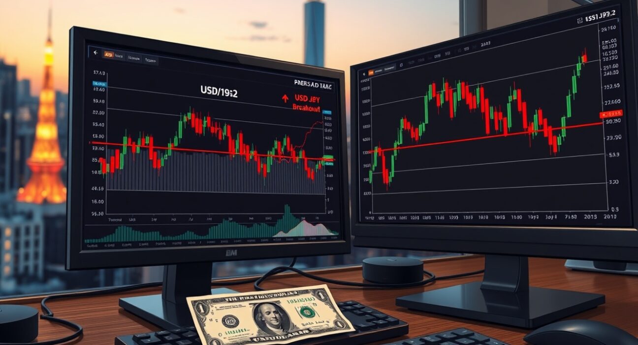 USD/JPY price forecast breakout at 159.2 level with candlestick charts and yen-dollar banknotes on trading desk