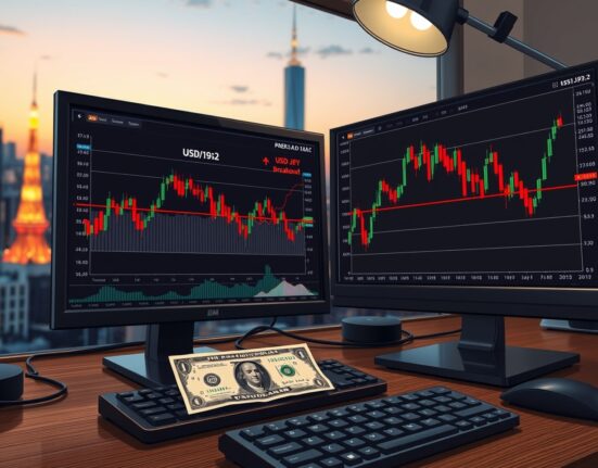USD/JPY price forecast breakout at 159.2 level with candlestick charts and yen-dollar banknotes on trading desk