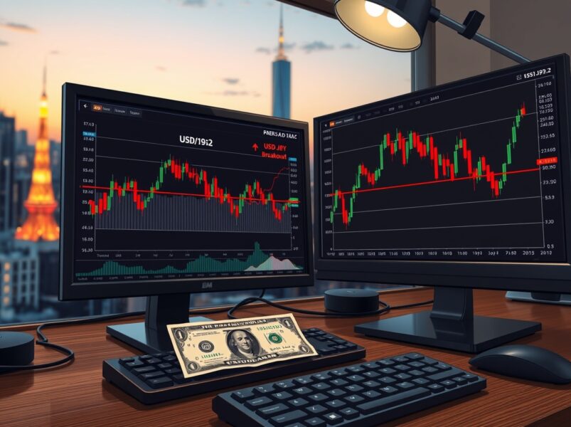 USD/JPY price forecast breakout at 159.2 level with candlestick charts and yen-dollar banknotes on trading desk