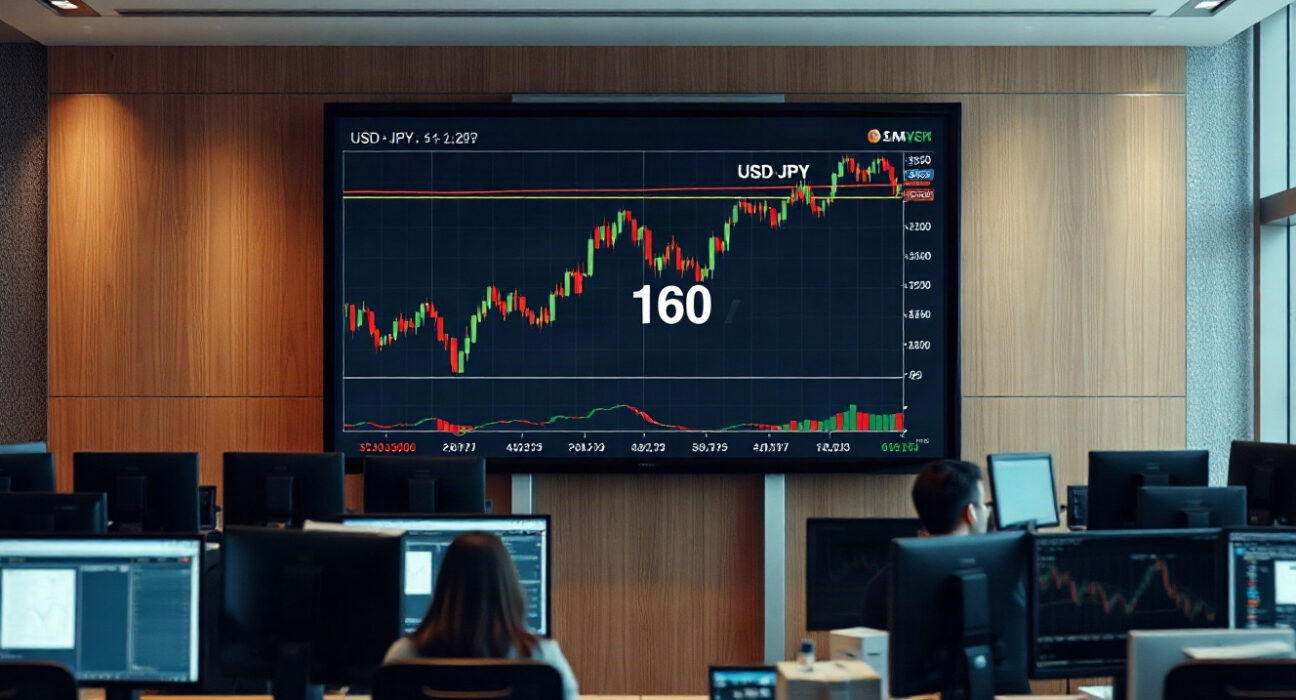 Trading screen showing USD/JPY breaking 160 level on forex market