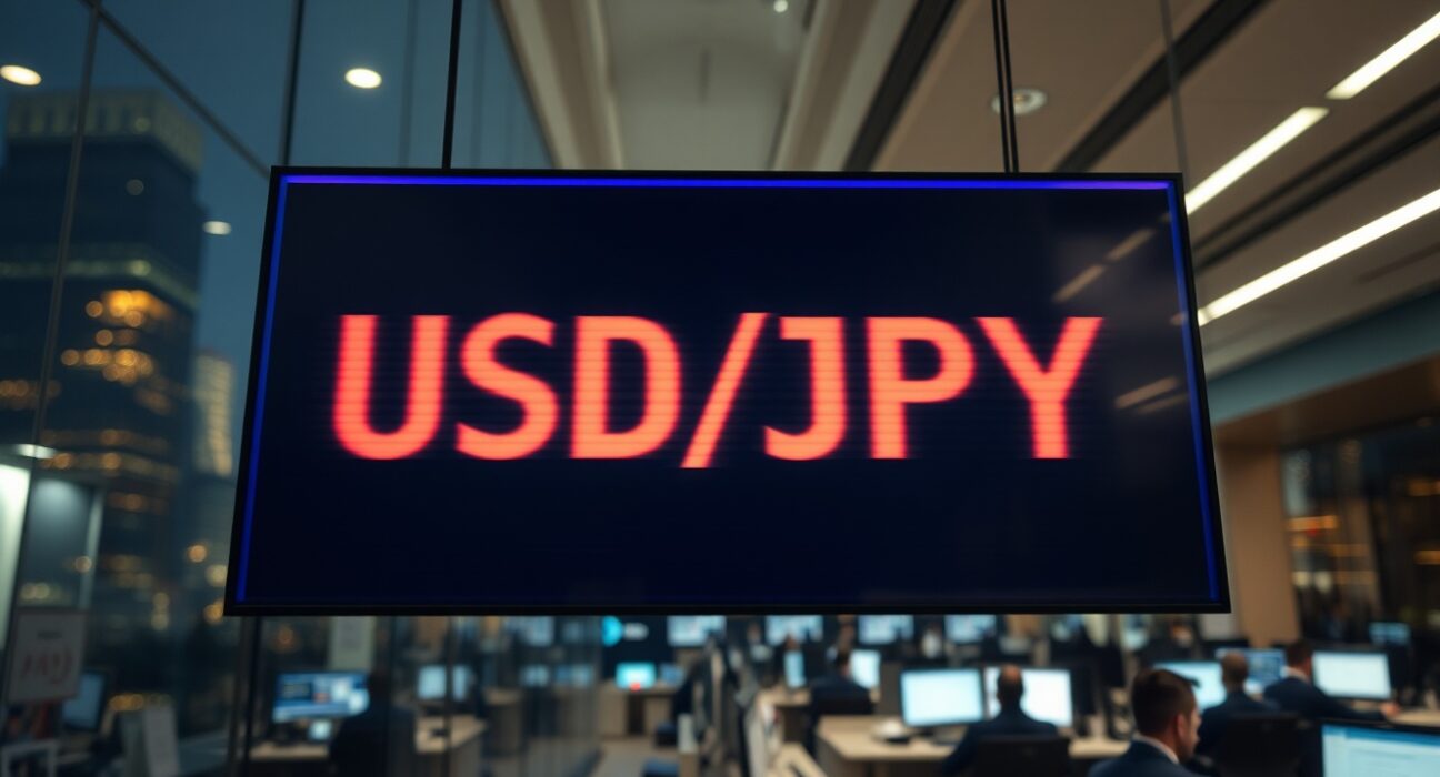 USD/JPY exchange rate board on a trading floor with traders in background