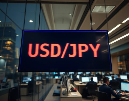 USD/JPY exchange rate board on a trading floor with traders in background