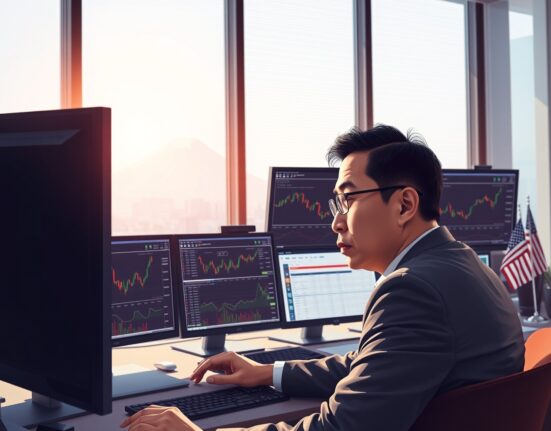 Forex trader analyzing USD/JPY exchange rate climb amid US Dollar strength and Bank of Japan policy.