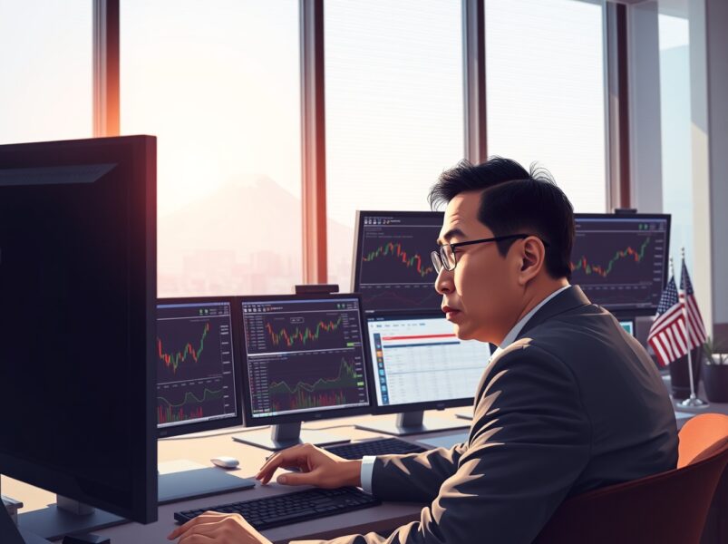 Forex trader analyzing USD/JPY exchange rate climb amid US Dollar strength and Bank of Japan policy.