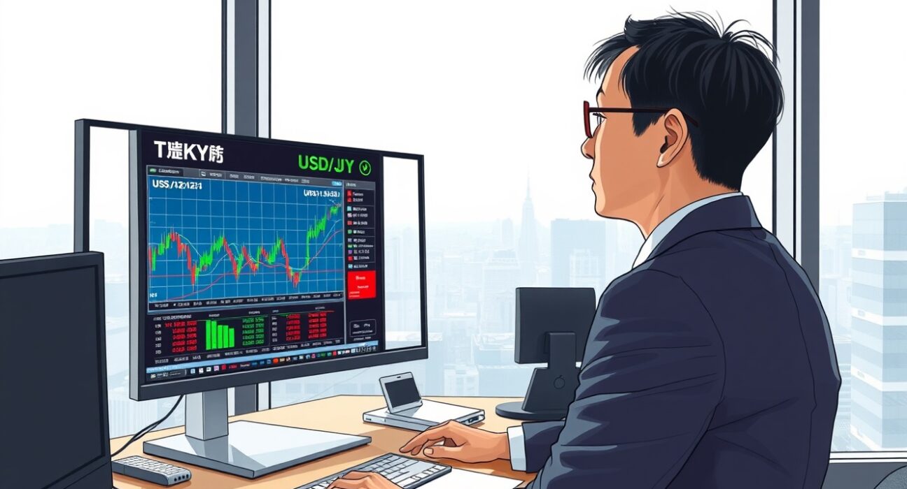Trader analyzing USD/JPY currency pair movements in Tokyo financial district
