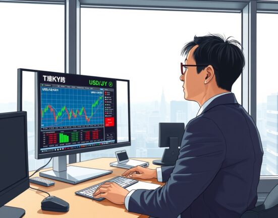Trader analyzing USD/JPY currency pair movements in Tokyo financial district