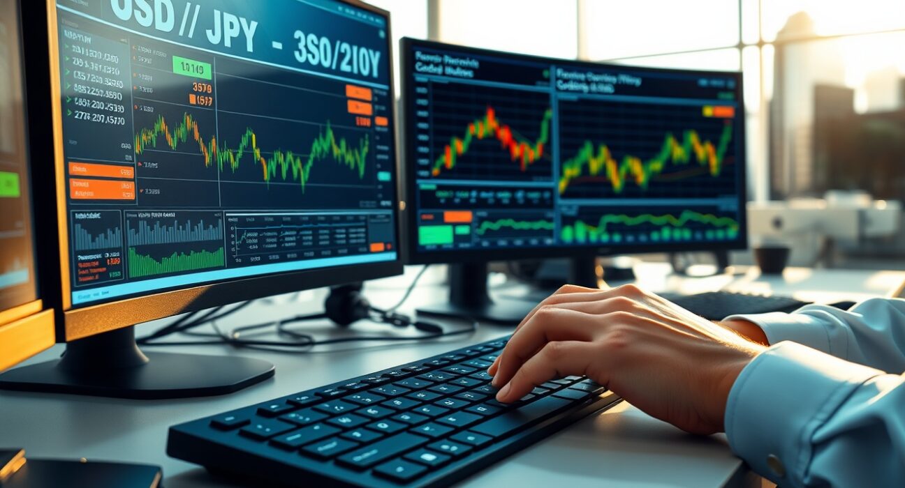 Trader analyzing USD/JPY forex charts following Iran geopolitical deadline extension impacting currency markets.