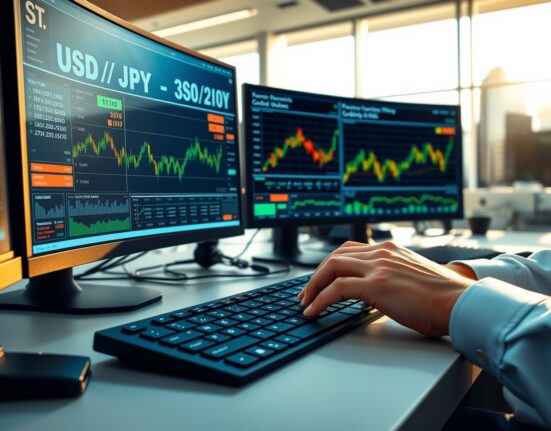 Trader analyzing USD/JPY forex charts following Iran geopolitical deadline extension impacting currency markets.