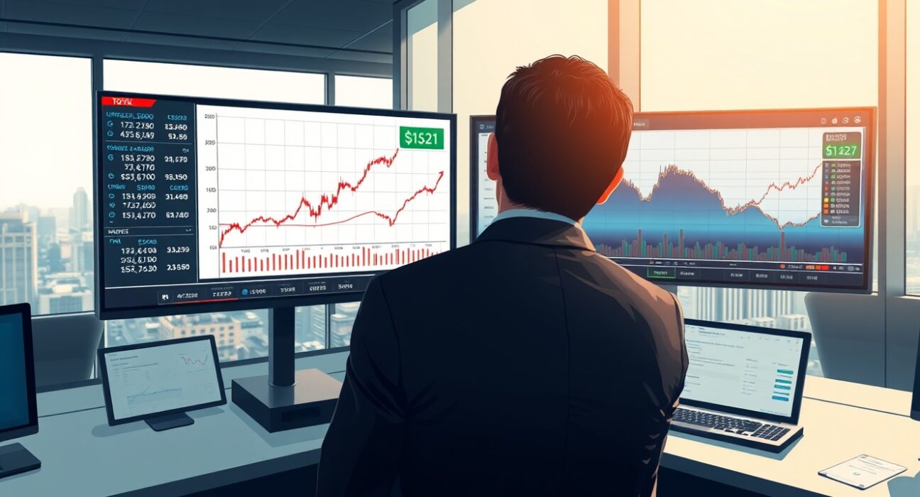 Professional forex trader analyzing USD/JPY exchange rate charts in Tokyo financial district