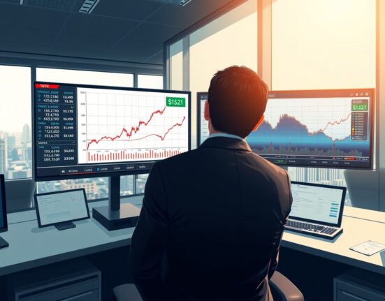 Professional forex trader analyzing USD/JPY exchange rate charts in Tokyo financial district