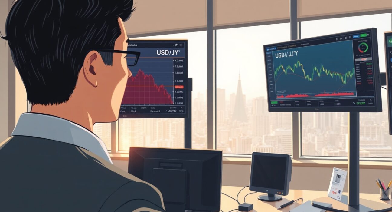 Financial analyst monitoring USD/JPY and oil price charts on trading terminal in Tokyo office.