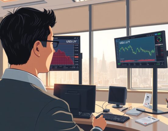 Financial analyst monitoring USD/JPY and oil price charts on trading terminal in Tokyo office.