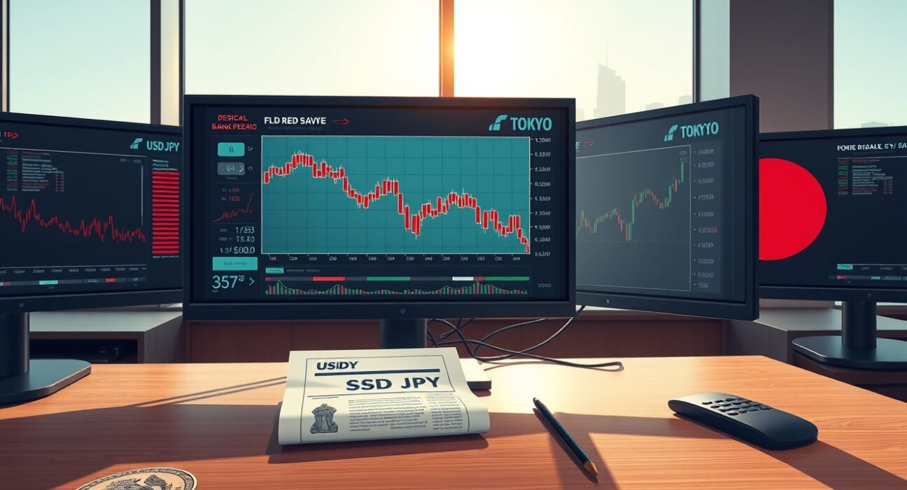 Trading desk monitoring USD/JPY currency pair ahead of Federal Reserve and Bank of Japan meetings on inflation.