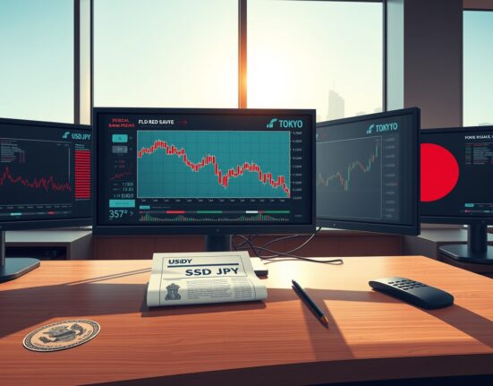 Trading desk monitoring USD/JPY currency pair ahead of Federal Reserve and Bank of Japan meetings on inflation.