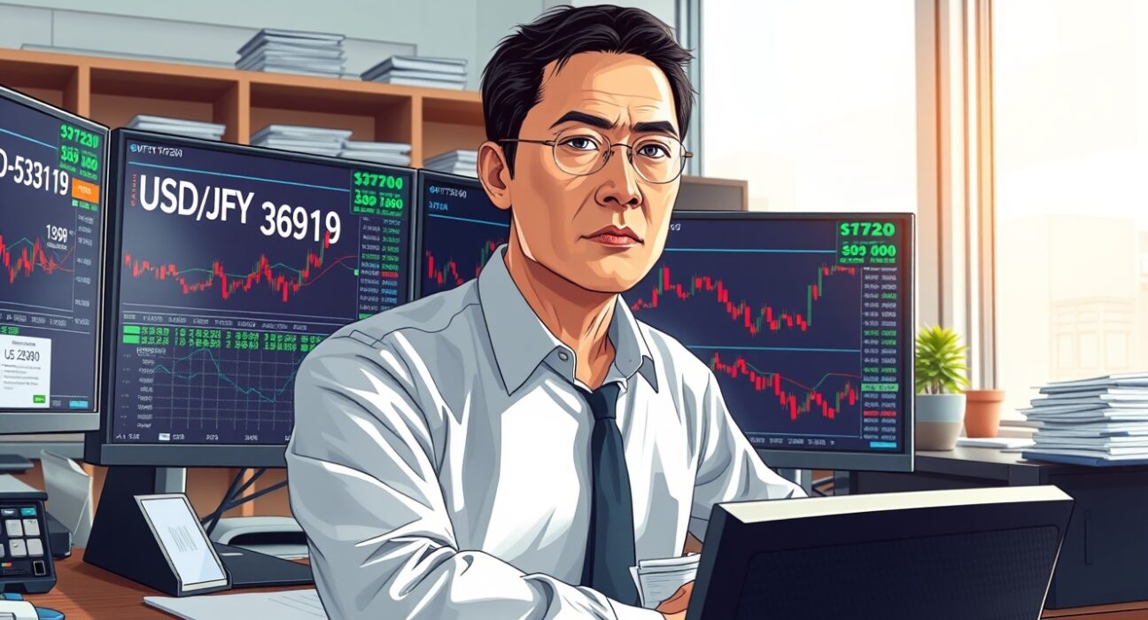 Trader monitoring USD/JPY exchange rate charts amid intervention risks in Tokyo financial district