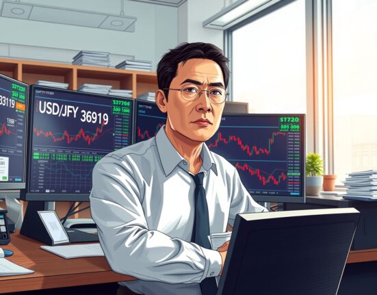 Trader monitoring USD/JPY exchange rate charts amid intervention risks in Tokyo financial district