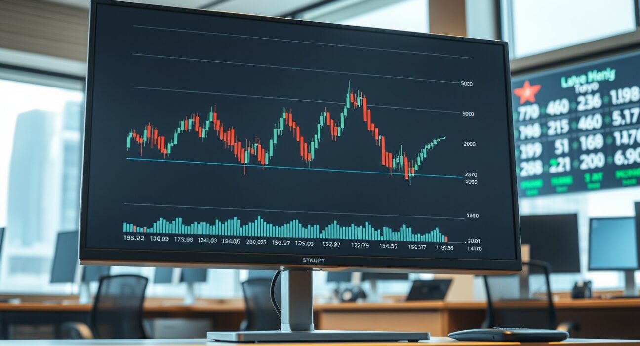 USD/JPY forex chart analysis showing downward trend on a professional trading desk monitor.