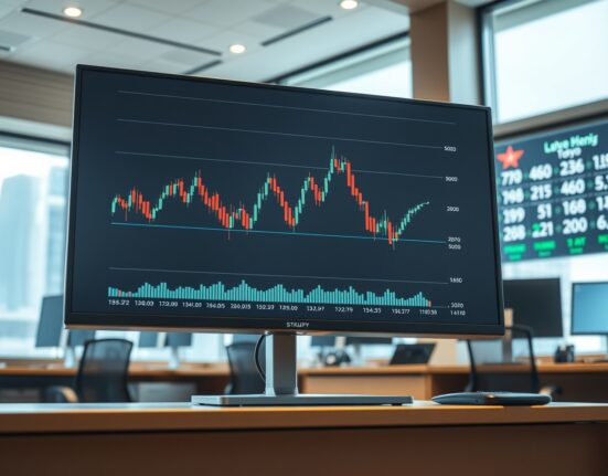 USD/JPY forex chart analysis showing downward trend on a professional trading desk monitor.