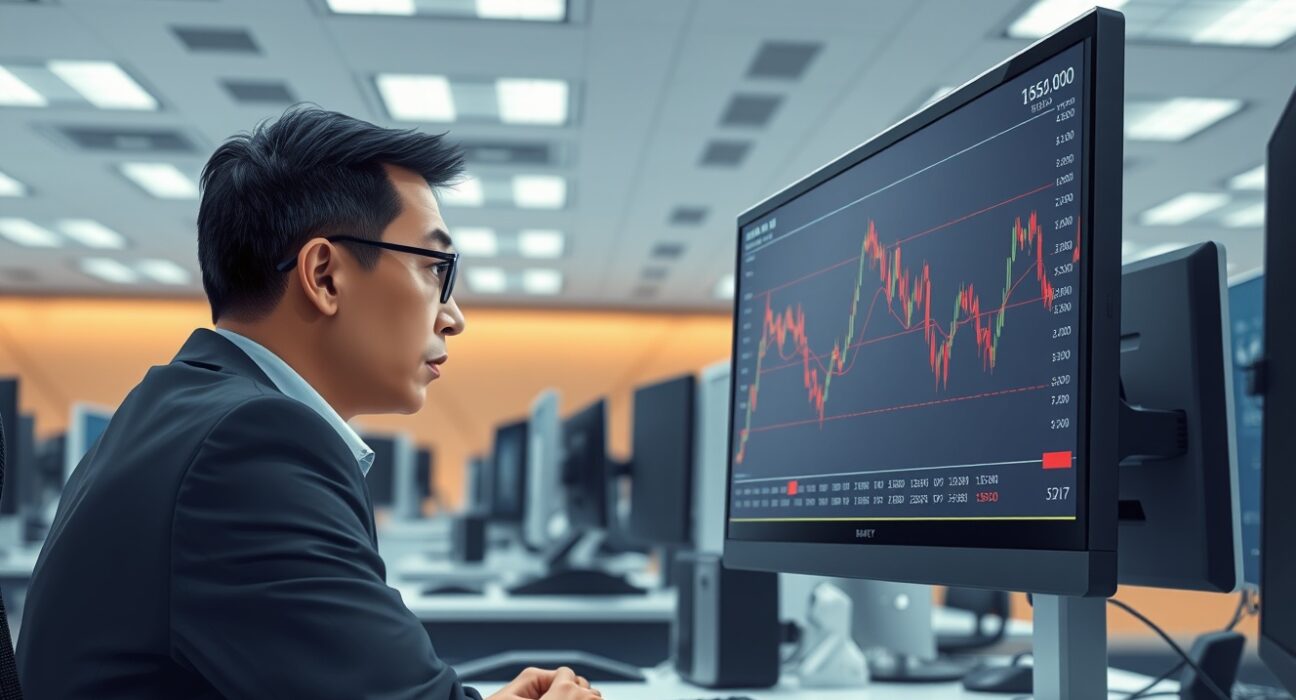 Forex trader in Tokyo analyzes USD/JPY chart showing downside pressure toward 158.00.