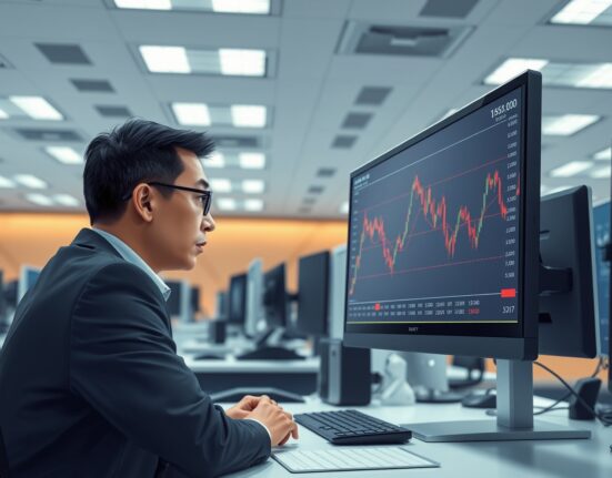 Forex trader in Tokyo analyzes USD/JPY chart showing downside pressure toward 158.00.