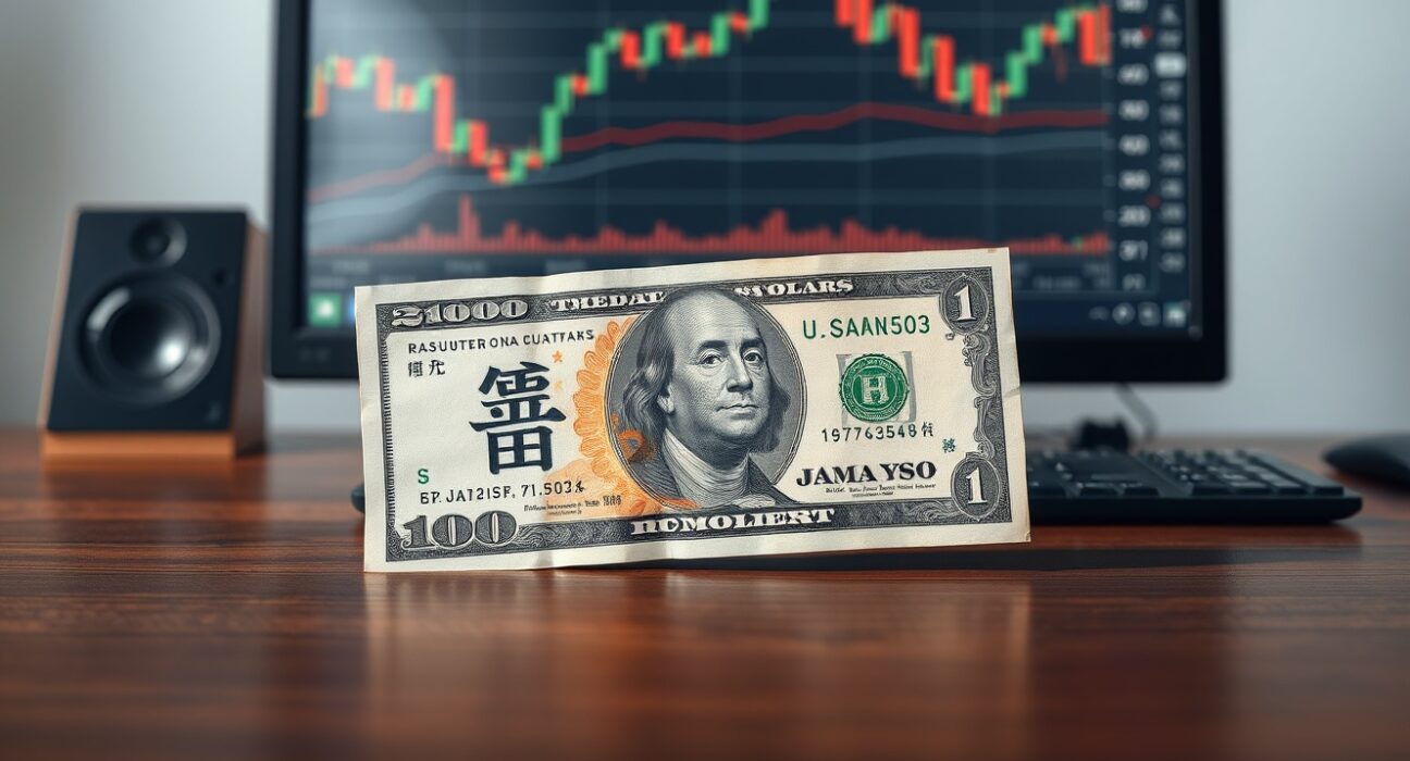 USD/JPY forex chart with Japanese Yen and US Dollar banknotes on a desk, illustrating MUFG's intervention warning and downside view.