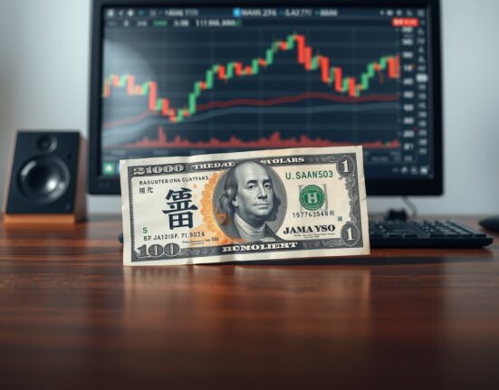 USD/JPY forex chart with Japanese Yen and US Dollar banknotes on a desk, illustrating MUFG's intervention warning and downside view.
