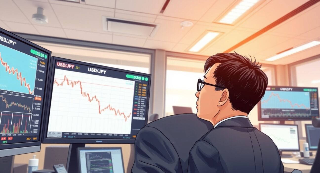 Financial analyst monitoring USD/JPY currency decline on trading desk screens in Tokyo