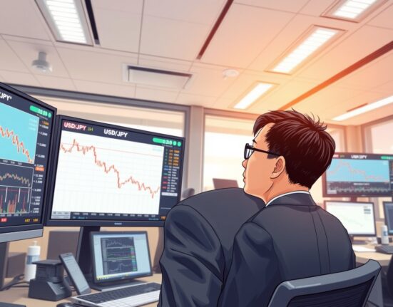 Financial analyst monitoring USD/JPY currency decline on trading desk screens in Tokyo