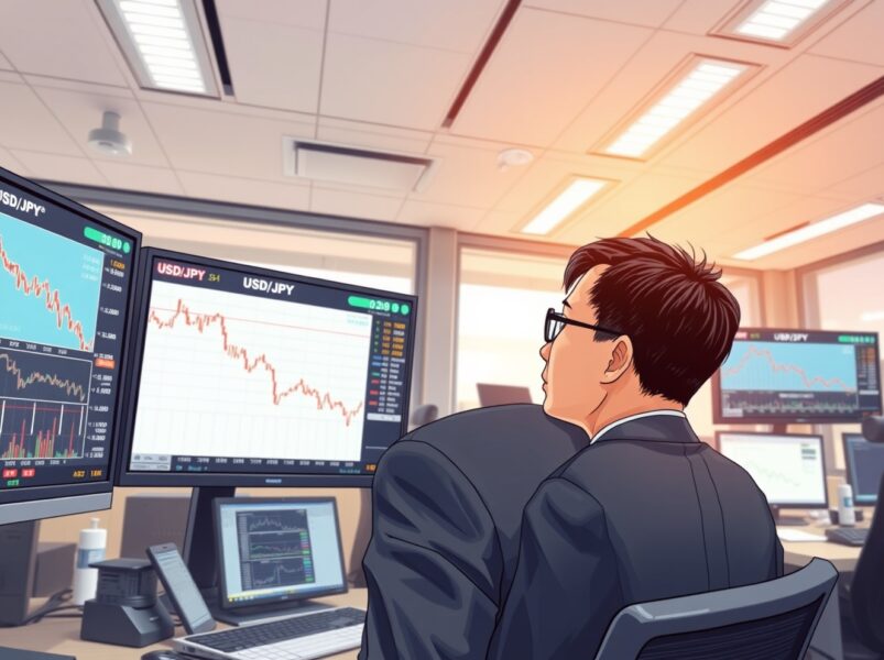 Financial analyst monitoring USD/JPY currency decline on trading desk screens in Tokyo