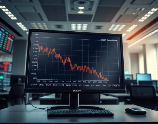 USD/JPY forex chart declining on a trading desk monitor amid geopolitical and economic news.