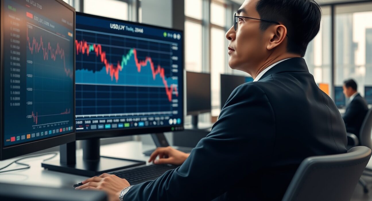 Trader in Tokyo monitors USD/JPY forex chart amid Iran peace deal news impacting currency markets.