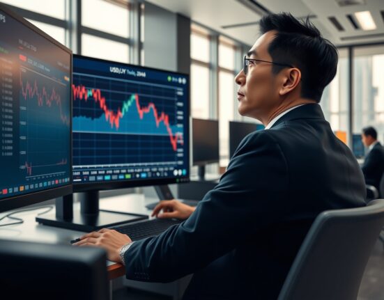 Trader in Tokyo monitors USD/JPY forex chart amid Iran peace deal news impacting currency markets.