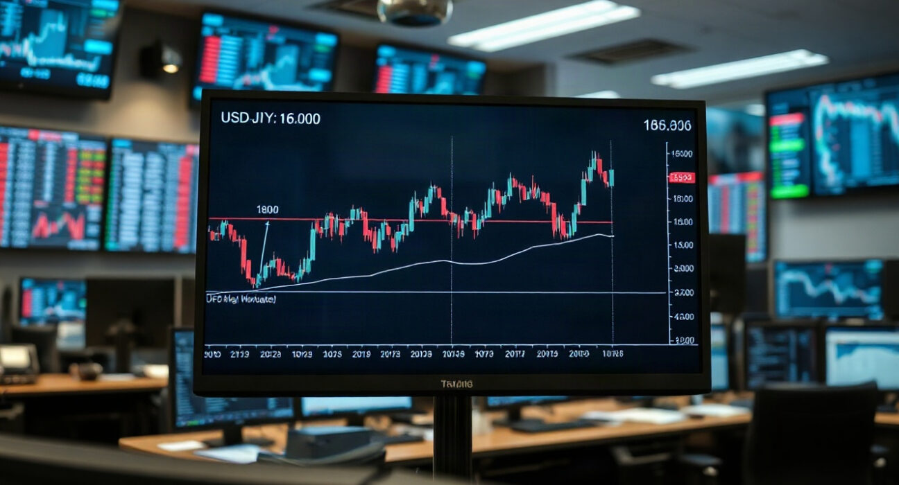 USD/JPY chart approaching 160.00 level on trading screen