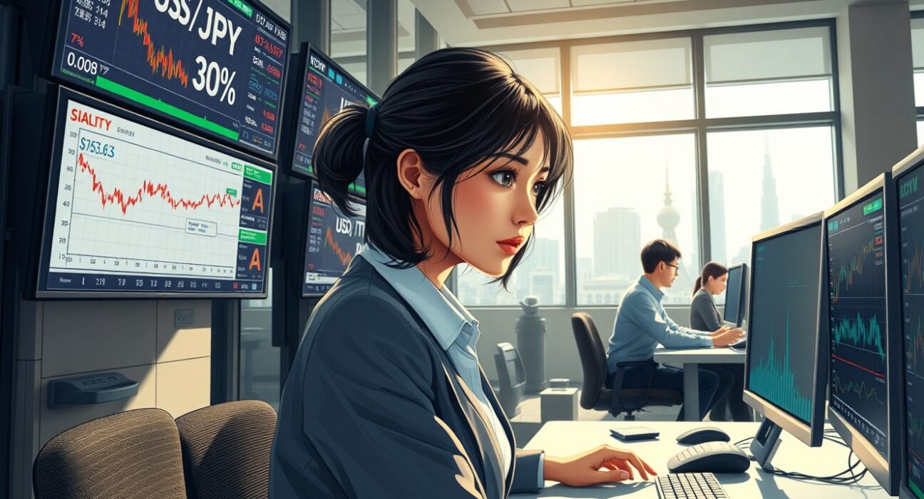 Financial analyst monitoring USD/JPY currency pair and energy market data in Tokyo trading environment