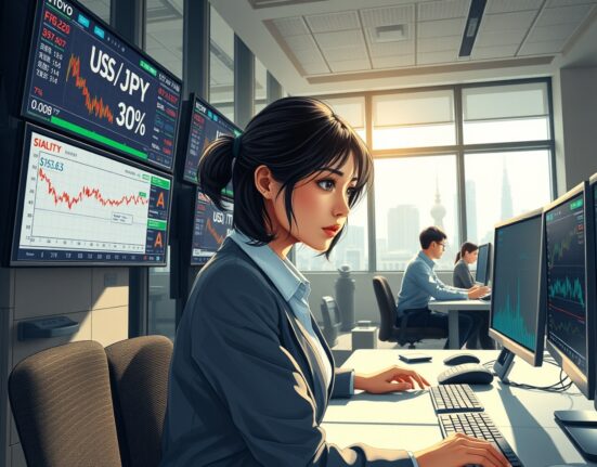 Financial analyst monitoring USD/JPY currency pair and energy market data in Tokyo trading environment
