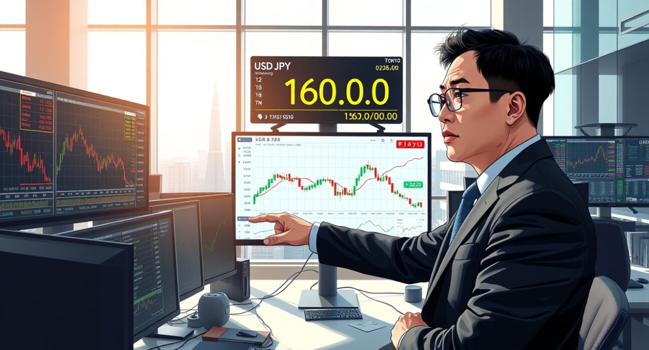 Forex trader analyzing USD/JPY exchange rate approaching 160.00 level on Tokyo trading desk