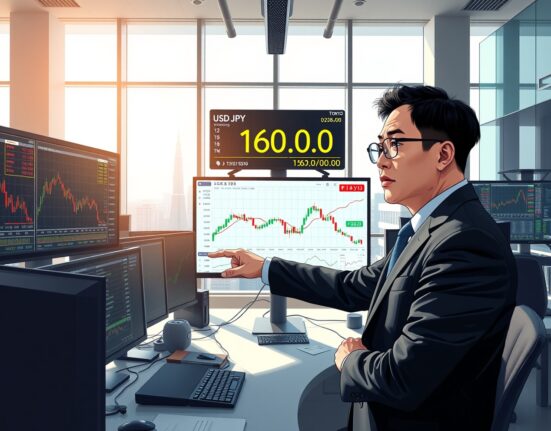 Forex trader analyzing USD/JPY exchange rate approaching 160.00 level on Tokyo trading desk