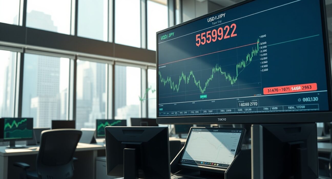 USD/JPY exchange rate trading analysis showing currency pair at 159.20 on Tokyo trading desk