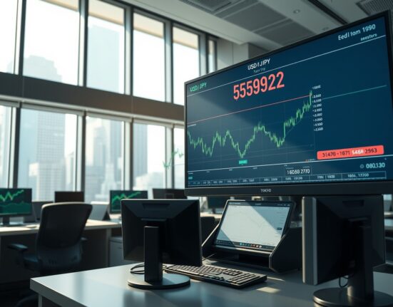 USD/JPY exchange rate trading analysis showing currency pair at 159.20 on Tokyo trading desk