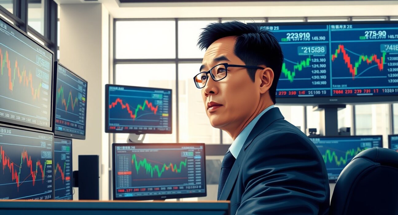 Financial analyst monitoring USD/JPY exchange rate charts on Tokyo trading desk