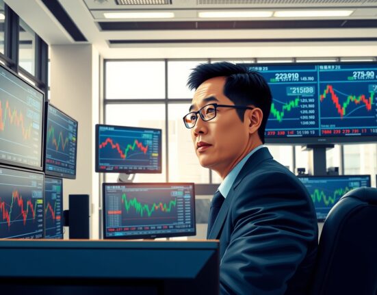 Financial analyst monitoring USD/JPY exchange rate charts on Tokyo trading desk